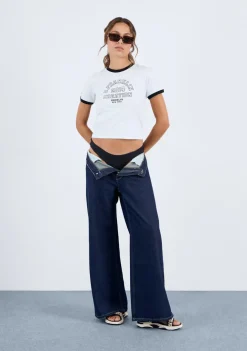 D.Franklin Contrast Ribbed Cropped T-Shirt White|Damen T-Shirts
