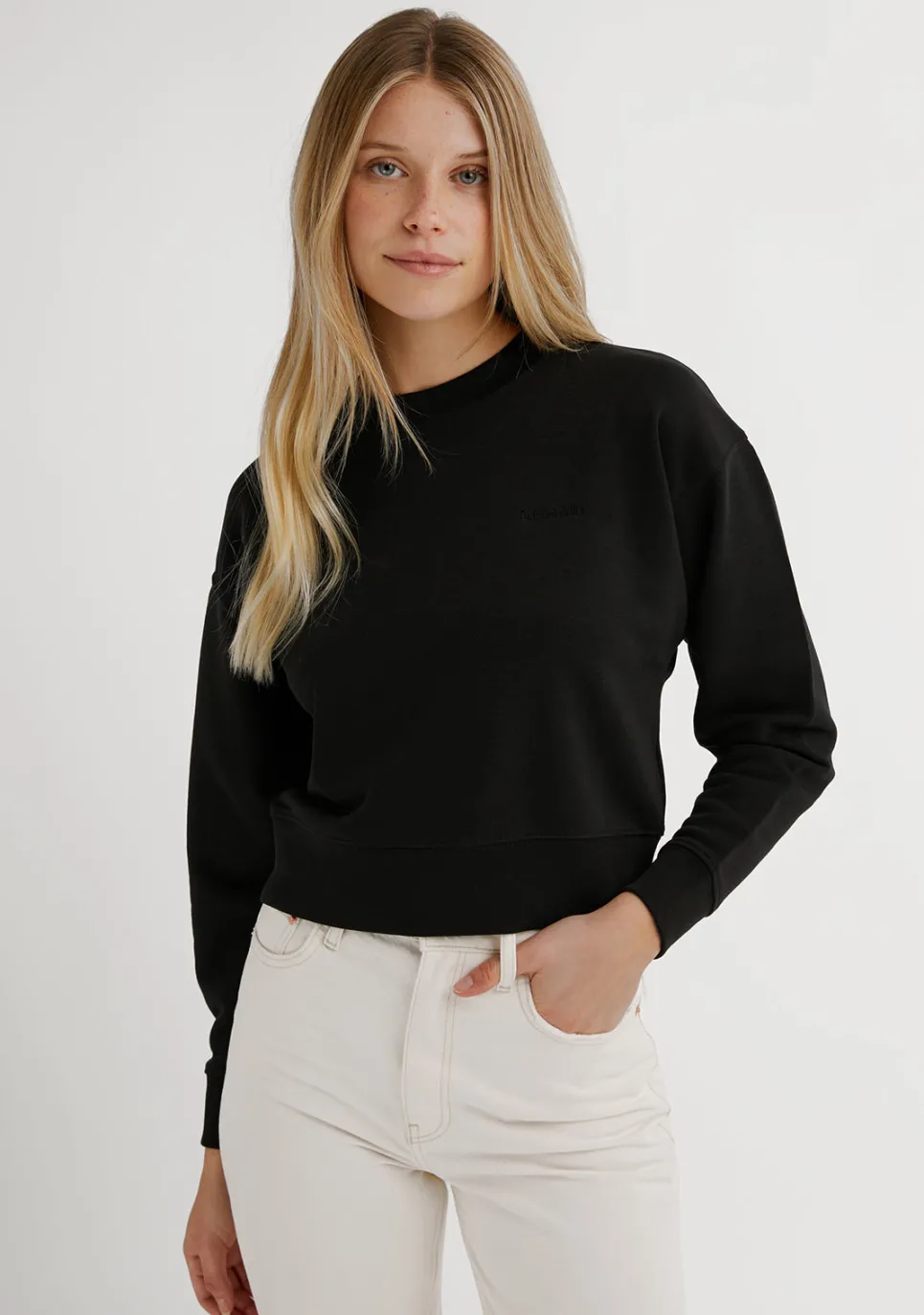 D.Franklin Embroidery Logo Cropped Crew Neck Sweatshirt / Black|Damen Sweatshirts