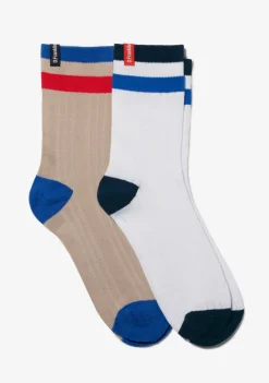 D.Franklin Retro 3 Stripes Cuff Socks 2 Pack Sand-White|Herren Socken